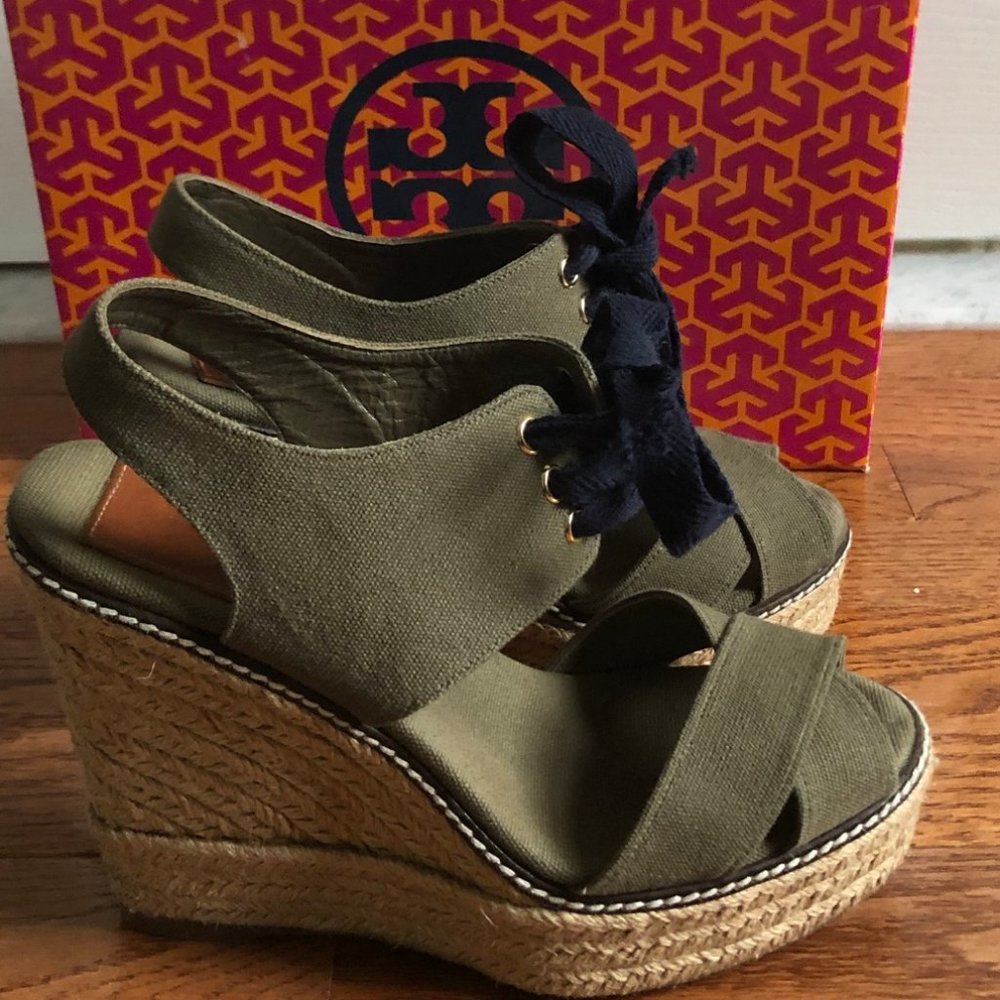 Tory Burch Olive and Navy Espadrille Wedges